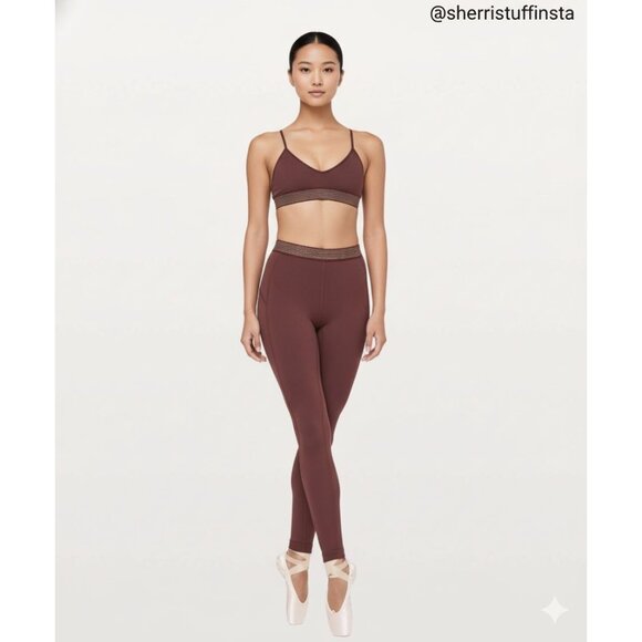 Lululemon Principal Dancer Golden Lining Bralette 8 & 28" Leggings 2 Set Maroon - Picture 1 of 11